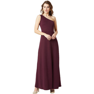 Miss Chase Women's Wine Red One-Shoulder Sleeveless Solid Side Slit Maxi Dress