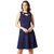 Miss Chase Women's Navy Blue Round Neck Sleeveless Solid Cut-Out Knee-Long Skater Dress