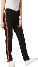 Miss Chase Women's Black Slim Fit High Rise Mildly Distress Regular Length Printed Twill Tape Detailing Stretchable Denim Jeans