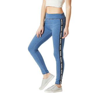 Miss Chase Women's Light Blue Super Skinny Fit Mid Rise Clean Look Printed Twill Tape Detailing Regular Length Stretchable Solid Wash Denim Jeggings