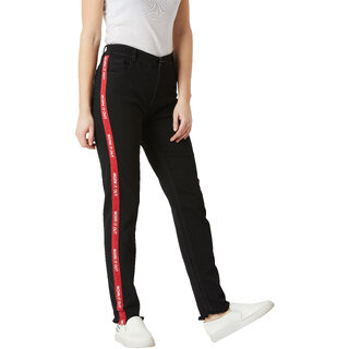 Miss Chase Women's Black Slim Fit High Rise Mildly Distress Regular Length Printed Twill Tape Detailing Stretchable Denim Jeans