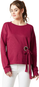 Miss chase Women's Maroon Round Neck Full Sleeve Cotton Solid Eyelet And Tie-Up Detailing Sweatshirt.