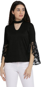 Miss chase Women's Black Round Neck 3/4 Sleeve Solid Lace Semi Sheer Split Sleeve Choker Style Top