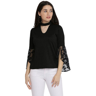 Miss chase Women's Black Round Neck 3/4 Sleeve Solid Lace Semi Sheer Split Sleeve Choker Style Top