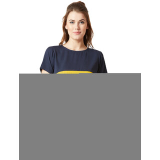 Miss chase Women's Multicolored With A Navy Blue Base Round Neck Short Sleeve Solid Boxy Colourblock Top