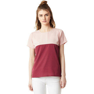 Miss chase Women's Blush Pink & Maroon Round Neck Short Sleeve Colour Block Solid Boxy Top