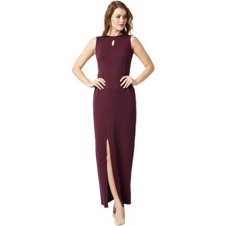 Miss Chase Women's Wine Red Round Neck Sleeveless Solid Bodycon Slit Detailing Maxi Dress