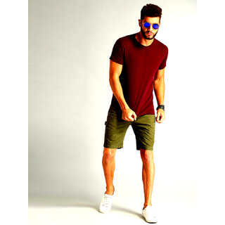 Zooks Maroon Front And Off White Back Colourblocked Round Neck Tshirt