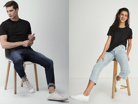 Zooks Duo Couple Men  Women Round Neck Black T-Shirt