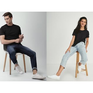 Zooks Duo Couple Men  Women Round Neck Black T-Shirt