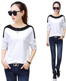 Vivient Women Plain White Black Shoulder Tee