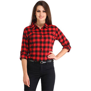 Vivient Women Red Black Check Printed Cotton Shirt