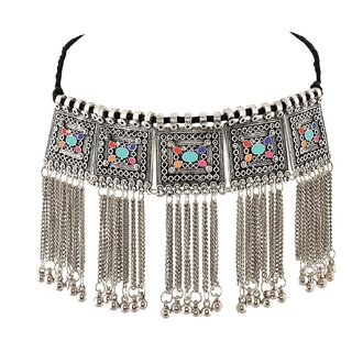 sparkle  Jewellery Oxidised Silver-Plated Floral Stone-Studded Afghani Necklace