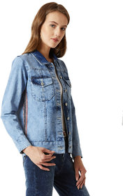 Miss chase Women's Light Blue Polo Neck Full Sleeve Denim Solid Buttoned Multicolored Twill Tape Detailing Denim Bomber Jacket