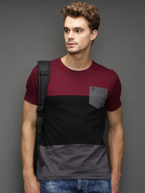 Odoky Multicolor Cotton Color Block Round Neck T-Shirt For Men NR