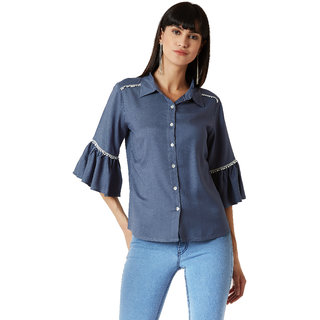 Miss Chase Grey Giant Fun Ruffle Sleeve Lace Shirt.