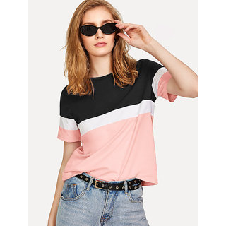 Code Yellow Women's Black White Pink Color Block Hosiery Tee