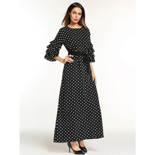 Code Yellow Women's Flounce Sleeve Tie Waist Black Polka Dot Print Longline Dress