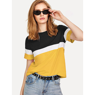 Code Yellow Women's Black White Mustard Color Block Hosiery Tee